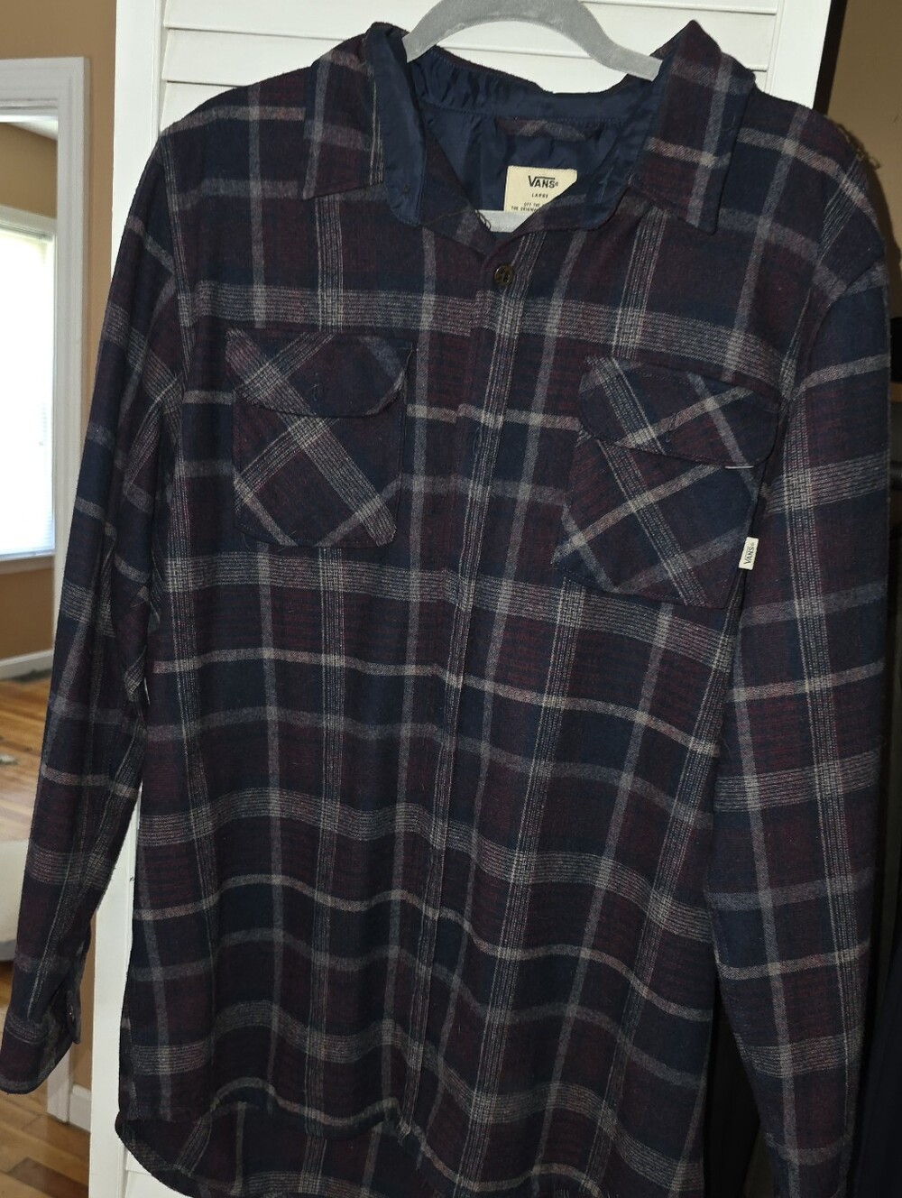 Vans Men’s Plaid Flannel Shirt Jacket Large Navy Burgundy Gray Button Up